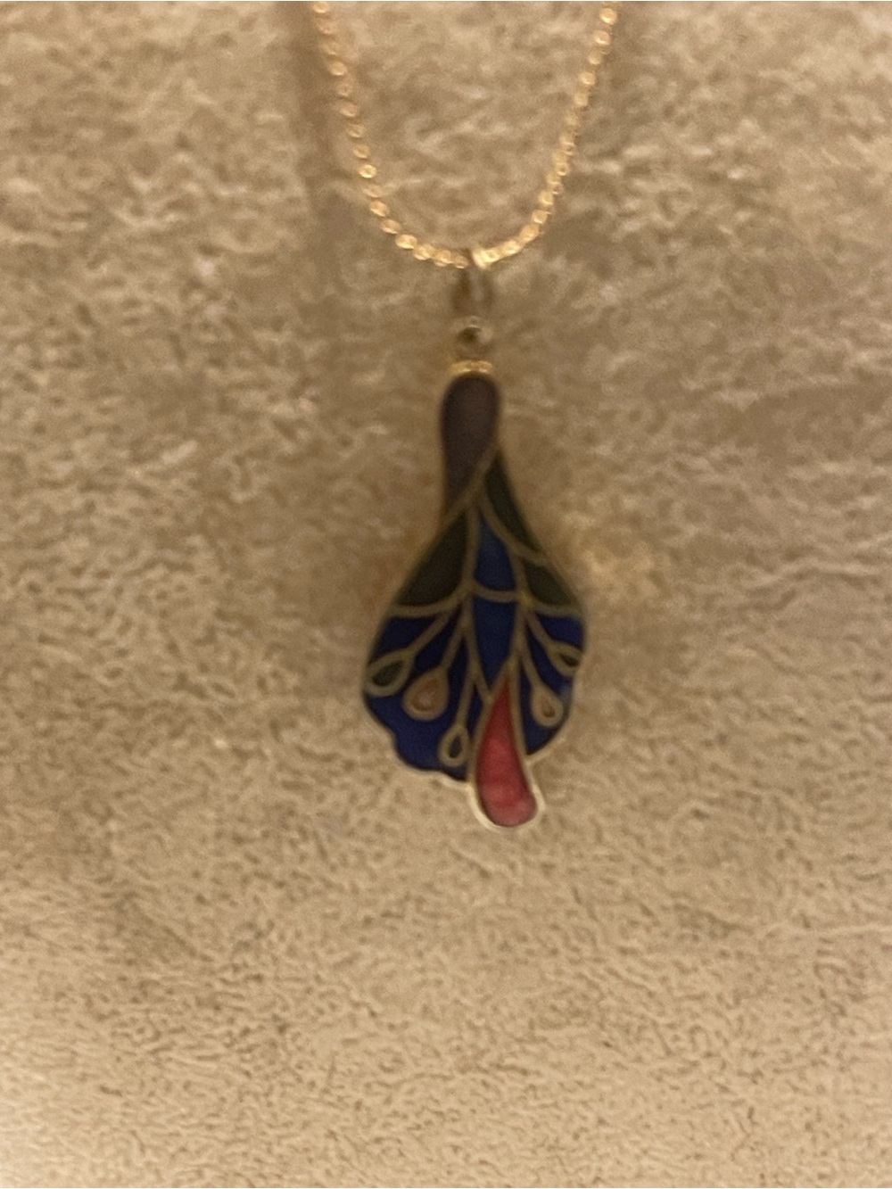 Vintage Cloisonné Gold-Tone Multicolor Enamel Peacock/wing 16” Necklace